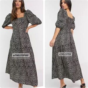 Mango Puffed Sleeves Square Neck Black/Beige Dress